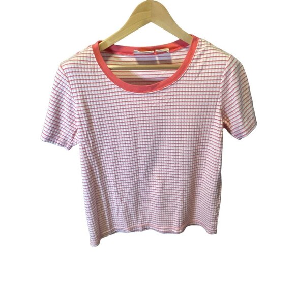 Basic Editions Pink Check Pattern Short Sleeve Scoop Neck Top SZ Medium - Picture 1 of 6